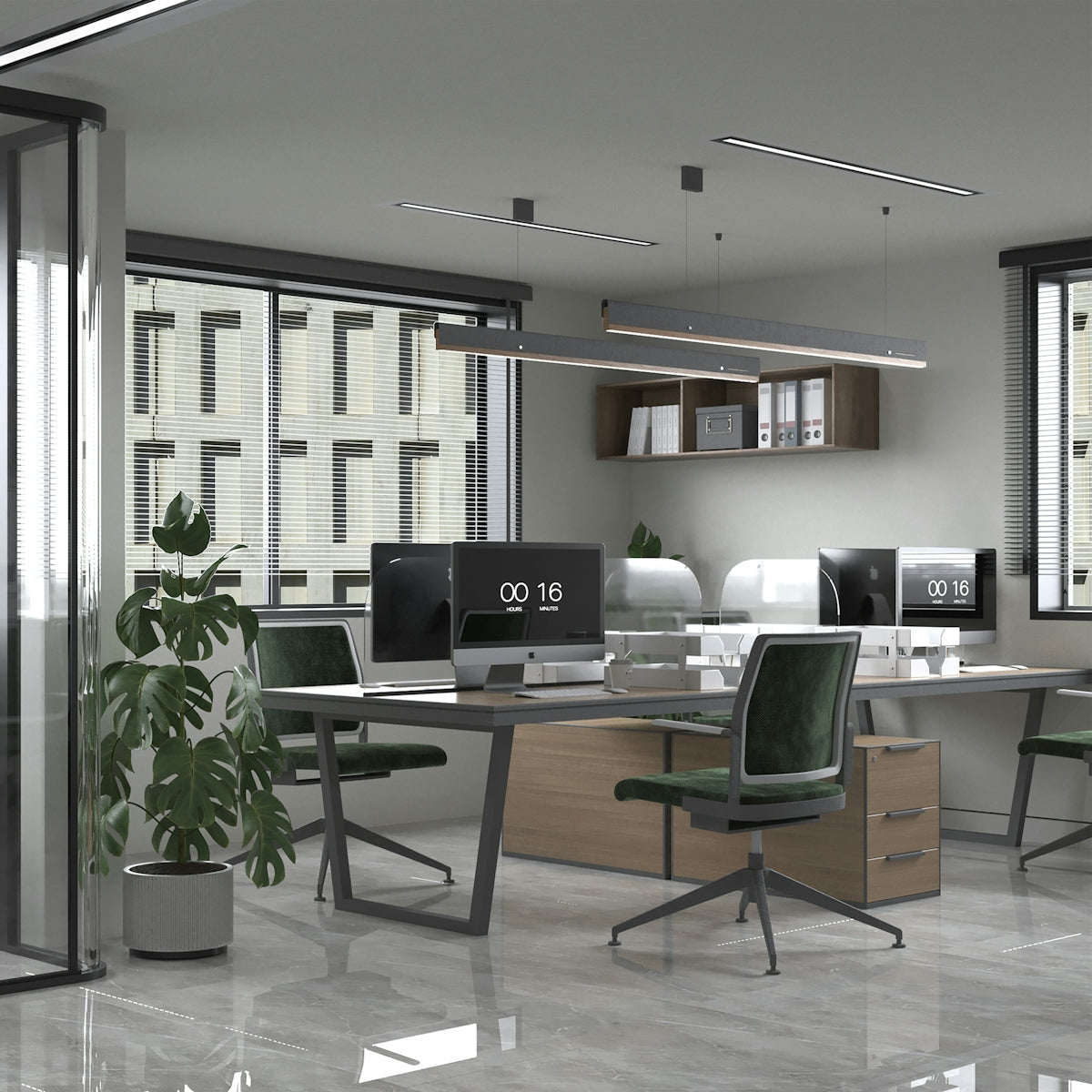 an office with a desk, chairs, and a potted plant