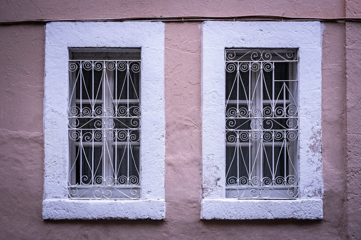 two windows with wrought iron bars on them